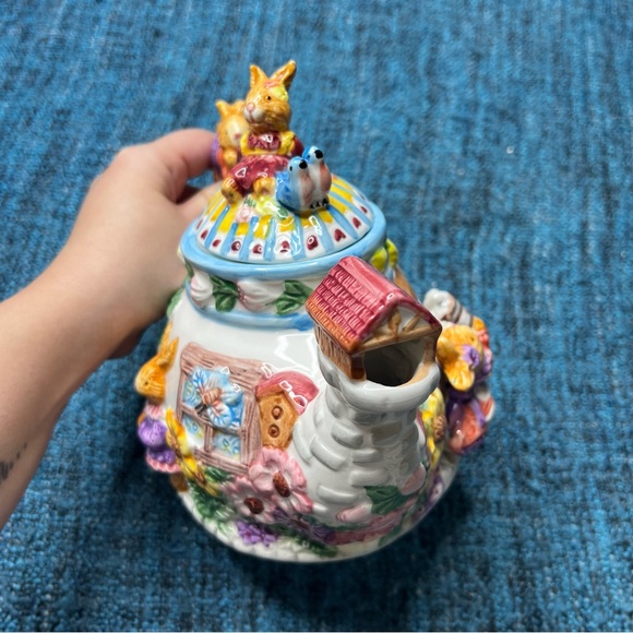 Vintage Merc Asia 1999 Garden Party Ceramic Tea Pot Bunny Rabbit Floral - Picture 3 of 9